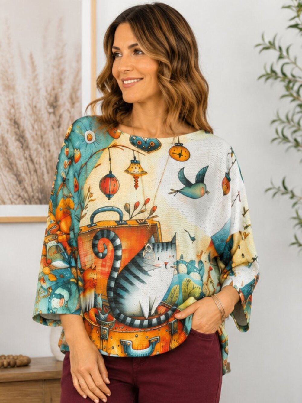 Loowie / Yolly Made in Italy Cat Bird Print Sweater Orange Brown Lightweight OS